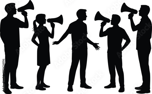 Silhouette group of people with megaphones showing communication, debate, leadership, protest and marketing concept isolated on white background business teamwork discussion conflict influence