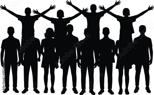 Silhouette group of diverse people standing together with raised arms symbolizing unity, teamwork, leadership and collective success isolated on white background concept celebration