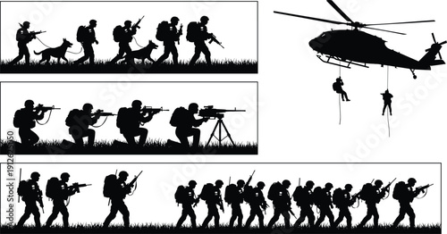 Military soldiers silhouettes with rifles and dogs, tactical patrol squad, sniper team, helicopter rescue operation vector illustration