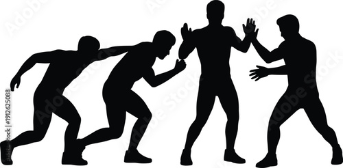 Male athlete silhouettes practicing sparring, defense, and combat training poses illustrating martial arts, self defense, fitness conditioning, and dynamic sports movement isolated on white background