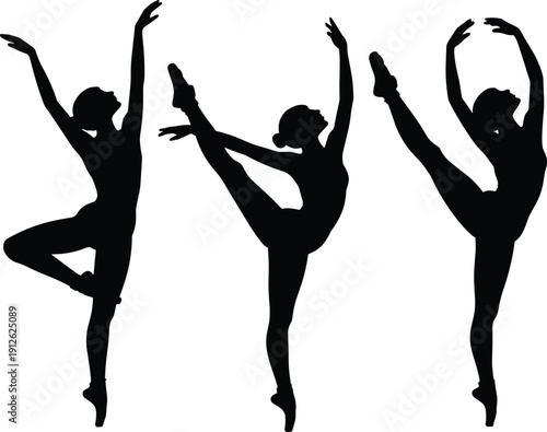Graceful ballet dancer silhouettes performing classical poses and high leg extensions illustrating elegance, flexibility, balance, and professional dance artistry isolated on white background