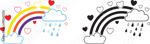 Colorful and monochrome rainbow illustrations with hearts and raindrops
