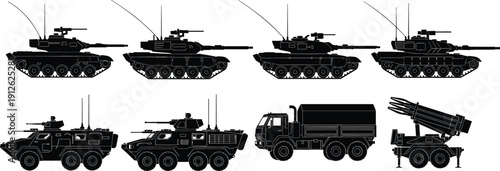 Military vehicles silhouettes set including tanks armored personnel carriers rocket launcher truck artillery transport vector illustration collection