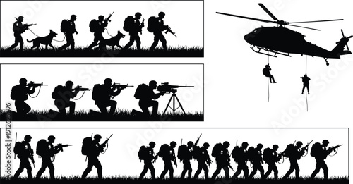Military soldiers silhouettes with rifles and dogs, tactical squad patrol, sniper team, rescue helicopter operation vector illustration set