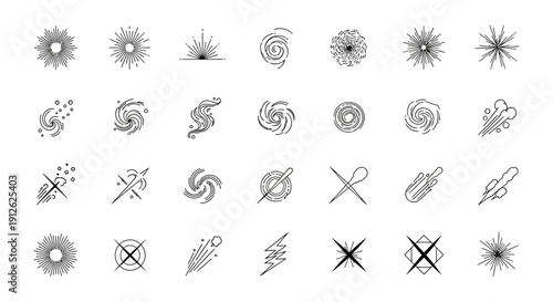 line art icons set illustrating natural phenomena cosmic energy and dynamic motion effects perfect for web and print design assets.