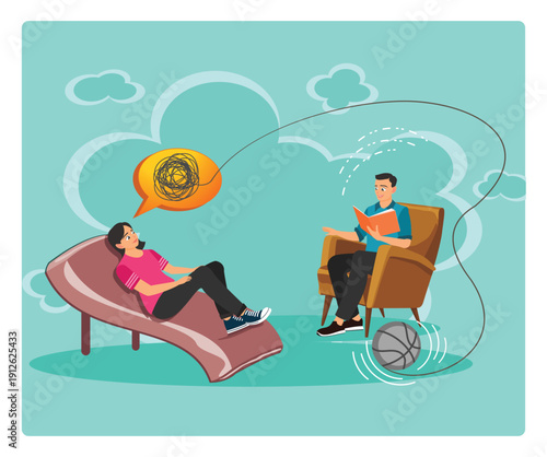 Psychologist service concept. Person Relaxing On Couch While Psychologist Reads In Armchair.