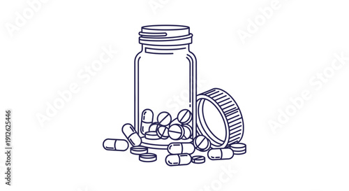 line art illustration of an open medicine bottle with various spilled capsules and tablets perfect for healthcare pharmacy and medical use.