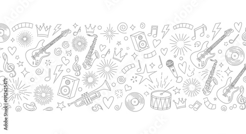 line art seamless music pattern border with instruments notes and party symbols for concert posters invitations and design.