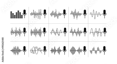 microphone and sound wave icons visualizing digital audio recording voice communication and music spectrum for modern apps.