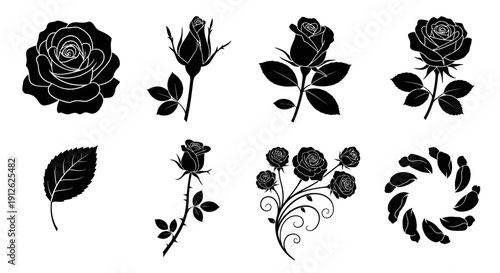 A collection of black silhouettes depicting various roses in different stages of bloom and floral arrangements high quality professional