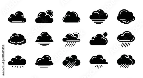 minimalist black and white cloud and weather icons illustrating diverse atmospheric conditions sun rain and fog for modern uiux design
