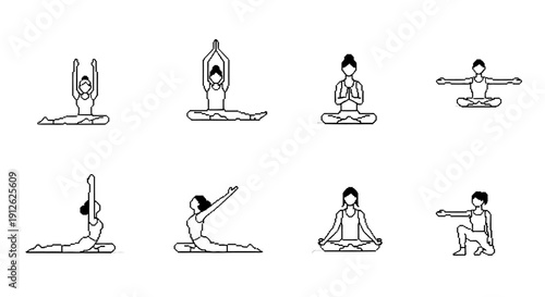 minimalist pixel art yoga icons depicting diverse people in various meditation and stretching poses ideal for health wellness and fitness apps.