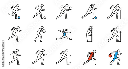 minimalist sports line art icons of athletes running playing ball games and stretching for health and active lifestyle use.