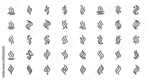 minimalist steam aroma icons collection depicting rising hot vapor fragrance and heat symbols in a line art style ideal for modern web design and product branding.