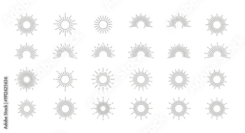 minimalist sun and sunrise icons set line art celestial symbols for modern graphic design logo branding spiritual concepts and nature themes.