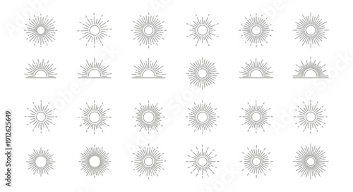 minimalist sunburst icons and sunrise sunset line art graphics perfect for modern logo design branding and nature concepts.