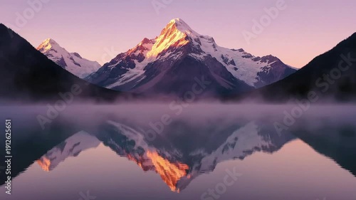 Mountain Landscape with Lake Reflection at Dawn.