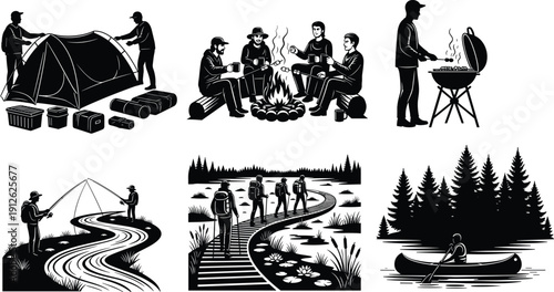 Outdoor camping adventure silhouettes with tent setup, campfire friends, hiking trail, fishing river, canoeing lake vector illustration collection