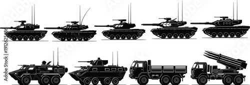 Modern military vehicle silhouettes including tanks armored carriers transport trucks and rocket launcher artillery vector illustration set