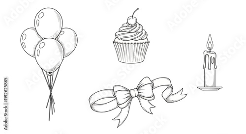 Birthday Party Elements: Balloons, Cupcake, Candle, and Bow - Hand-drawn Sketch