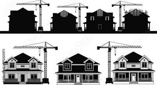 Residential houses under construction with tower cranes, architectural building process stages, real estate development vector silhouette illustration set