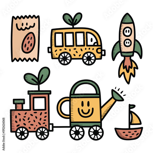 Playful Garden Transport: A whimsical collection of hand-drawn illustrations featuring a seed packet, bus, rocket, train, watering can, and boat, all adorned with sprouting plants.