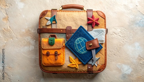 Handmade Felt Travel Kit Flat Lay Textile Craft Soft Fabric Vacation Concept DIY Illustration Creative Educational Background