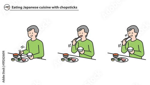 箸で和食を食べるシニア男性