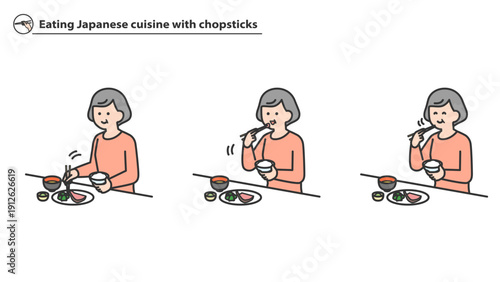 箸で和食を食べるシニア女性