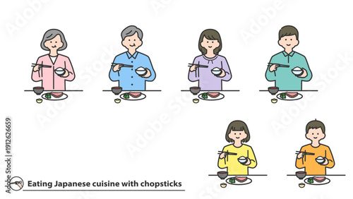 箸で和食を食べる人物　セット