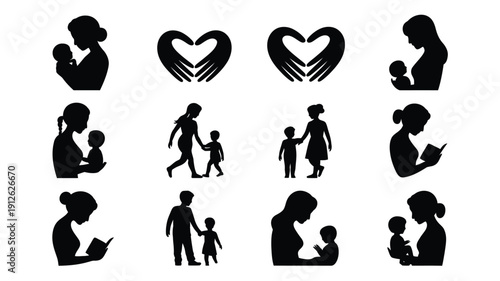 Minimalist black silhouettes of mothers and children heart symbols family love concept parenting icons childcare illustrations