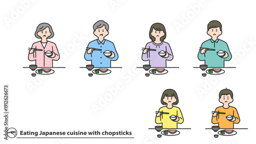 箸で和食を食べる人物（ネガティブ）　セット