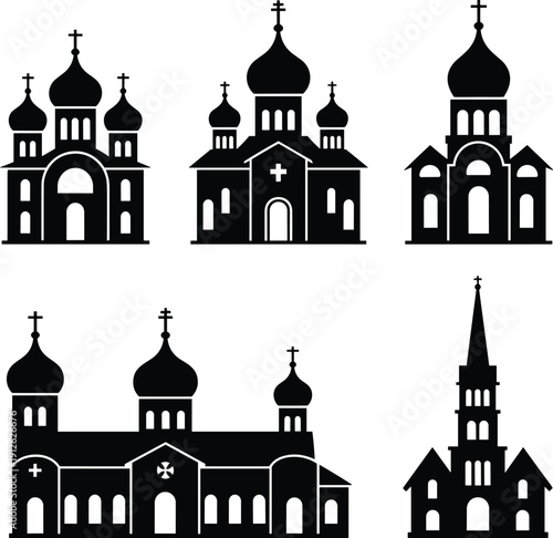 Christian church silhouettes collection featuring Orthodox and cathedral architecture styles, black religious building icons isolated on white background for worship, history, and design use