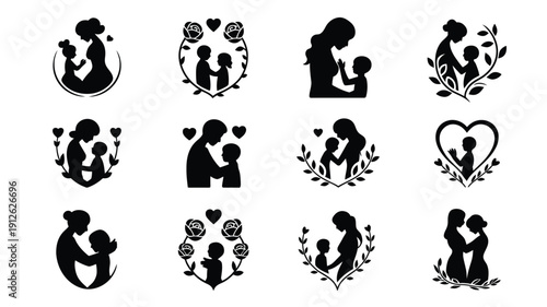 Collection of 12 elegant black vector silhouettes of mothers and children with hearts flowers and leaves on white background for mother's day love family and parenting concepts