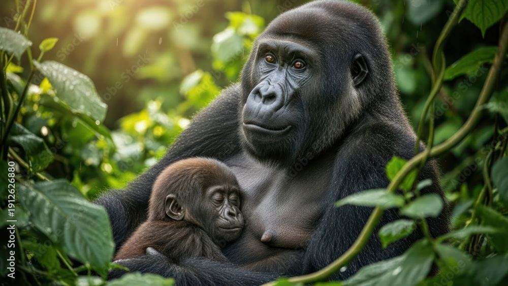 Fototapeta premium Gorilla Mother and Baby in Jungle.