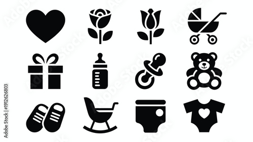 Vector illustration of baby shower icons including heart roses stroller gift bottle pacifier teddy bear baby clothes and accessories on white background
