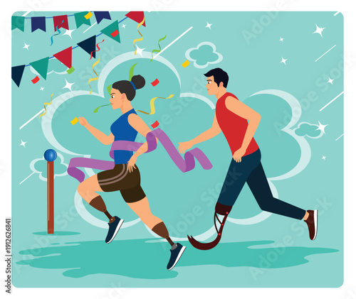 Disabled sports concept. Energetic Run Featuring Prosthetic Legs, Confetti, And Flags.