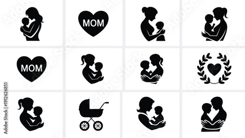 Motherhood icons set with silhouettes of mom and child heart symbols and baby carriage on white background for mother's day or parenting design