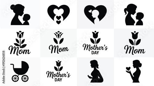 Mother's day graphic design elements with silhouettes and floral motifs on white background for greeting cards and advertising