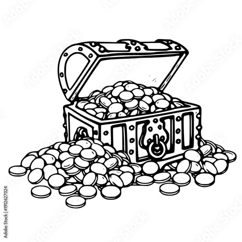 Treasure chest overflowing with gold coins illustration