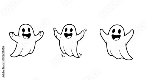 Three Cute Cartoon Ghosts Floating and Waving - Halloween Characters
