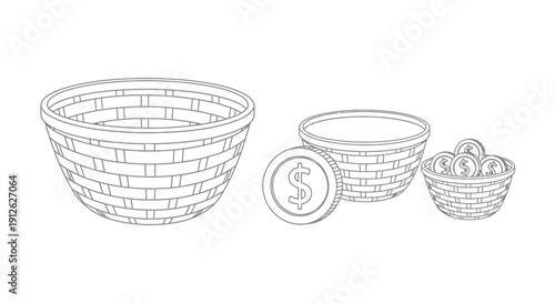 Three Wicker Baskets of Varying Sizes with Dollar Coins, Representing Savings and Investment