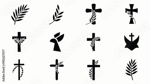 Collection of 12 minimalist black vector christian cross symbols with leaves and doves on white and beige backgrounds representing faith and spirituality