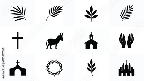 Collection of 12 minimalist black silhouettes depicting religious symbols and icons on white background