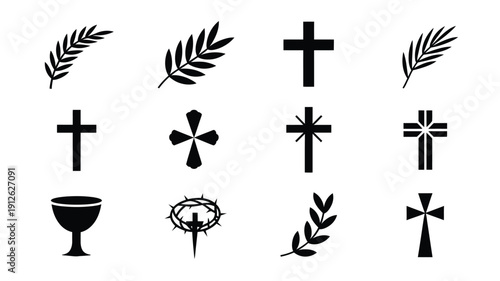 Collection of minimalist black christian symbols and icons on white background for design and religious purposes