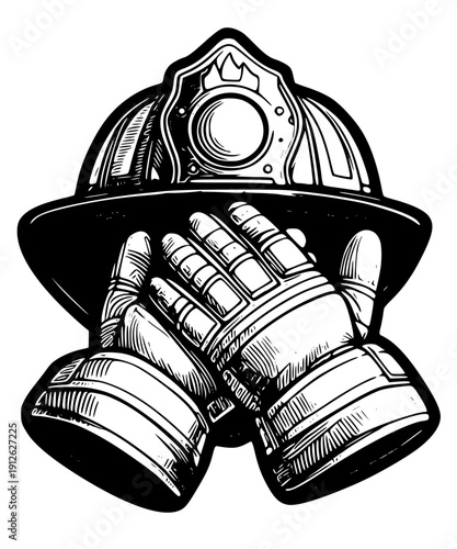 Firefighter's helmet and gloves in a heroic pose