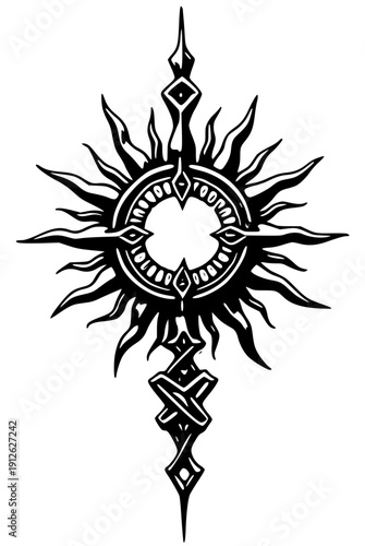 Elegant black tribal sun symbol with ornate cross design