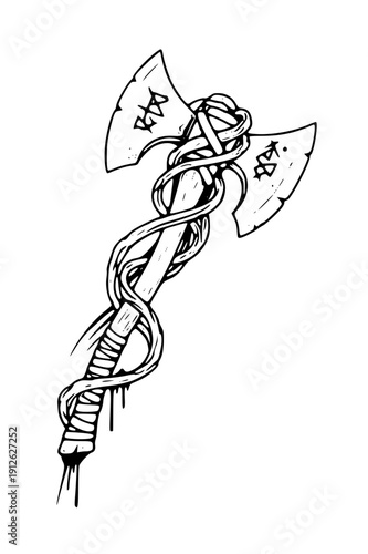 Vintage double headed axe wrapped with snake skin handle