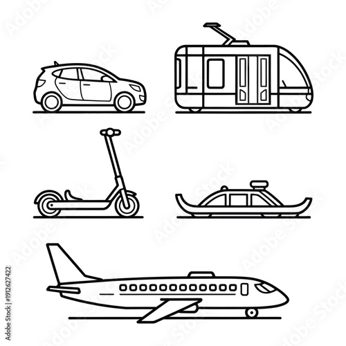 Transportation Icons: A collection of sleek, minimalist illustrations showcasing a diverse range of transportation modes, perfect for conveying movement and travel.