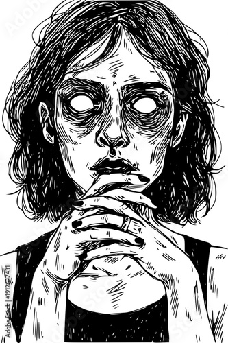 Eerie woman with hand on chin and hollow eyes looking mysterious